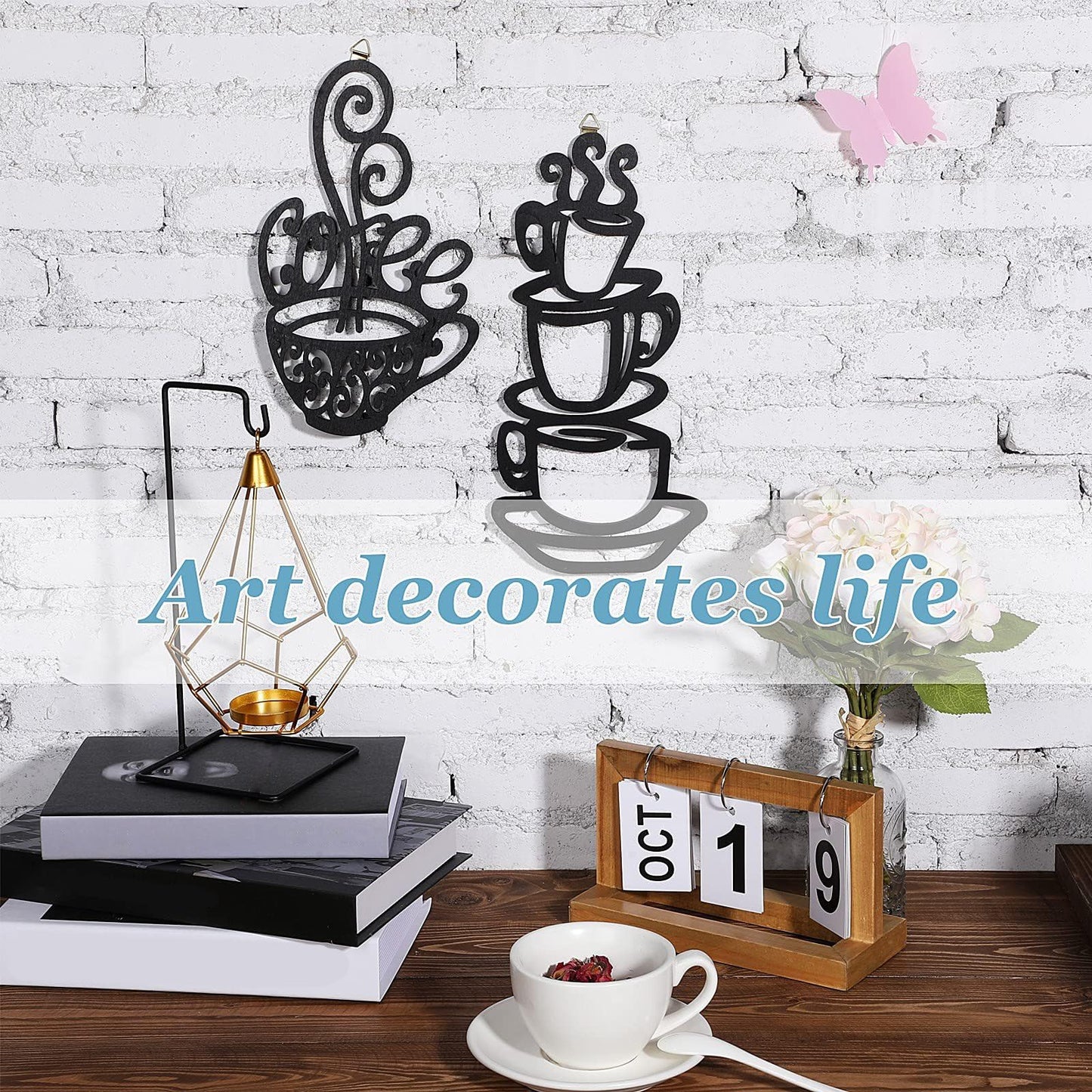 Jetec 2 Pieces Coffee Wall Decor Black Cup Silhouette Kitchen Wall Art Decor Coffee Bar Accessories