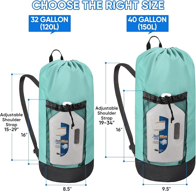 BALEINE 150L Laundry Bag Backpack, 900D Oxford Fabric Large Travel Laundry Bags with Shoulder Straps and 2 Mesh Pockets for College Dorm, Apartment, Laundromat (Sky Blue, 150L)
