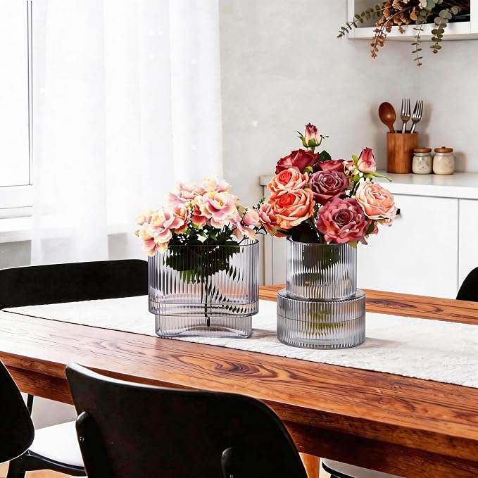 Black Glass Vases, Set of 2 Ribbed Vases for Flowers, Black Vase for Tulips, Modern Glass Vase for Living Room, Dining Table, Office, Entryway, Mantle, Bookshelf, Wedding Gifts