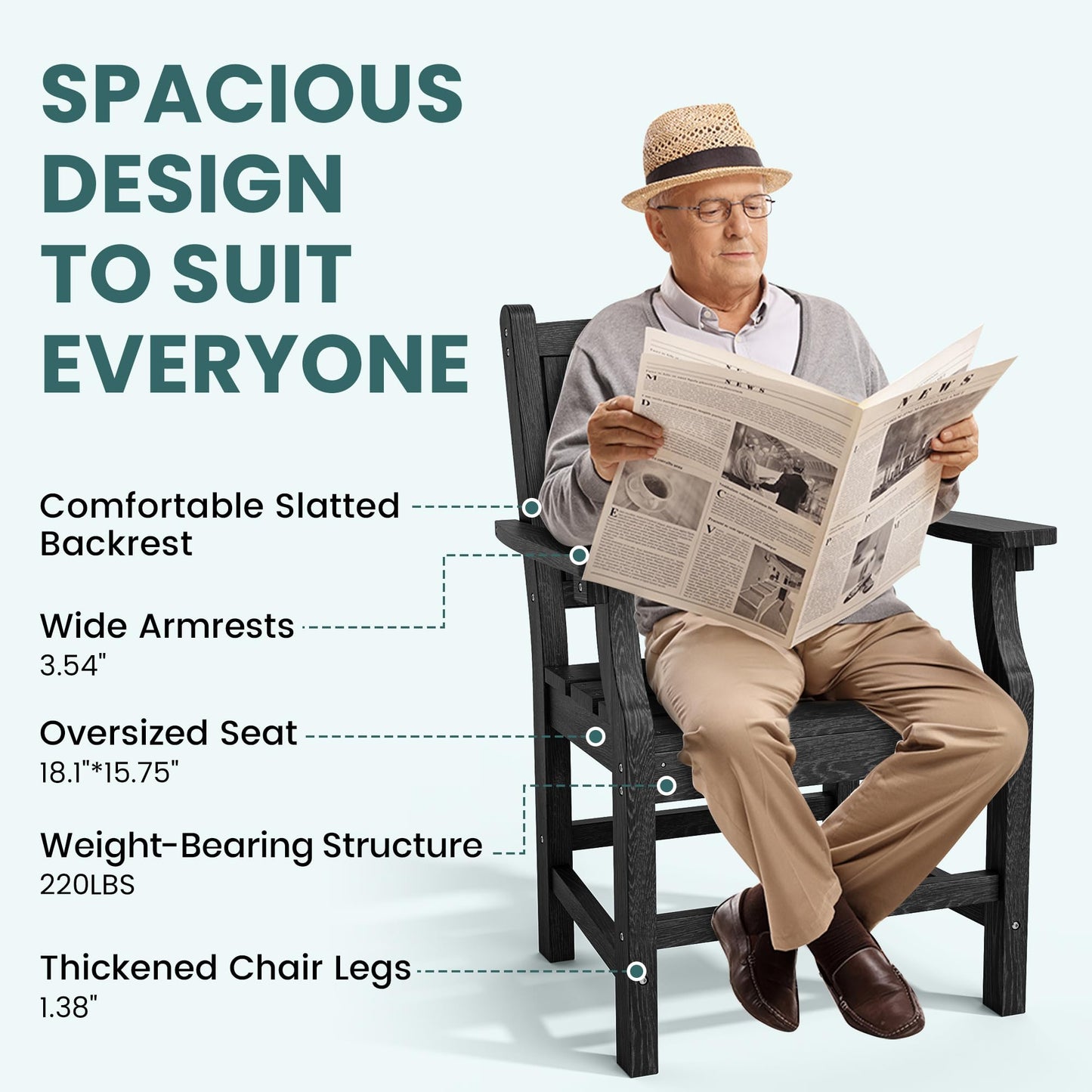 Pamapic 5-Piece Outdoor Dining Set, HDPE Outdoor Rectangular Table and 4 Chairs, Wood Grain Patio Furniture Sets with Armrest, All-Weather Patio Dining Table with Umbrella Hole, Black