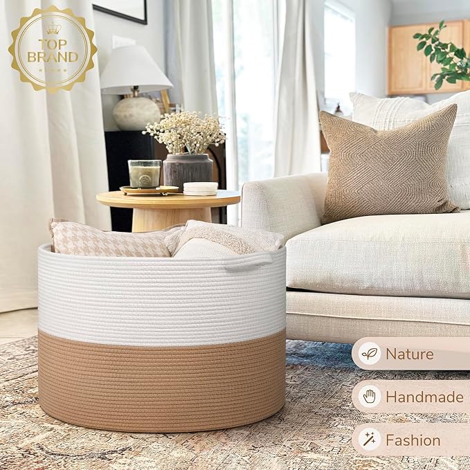 INDRESSME 115L Extra Large Jute Rope Basket, Blanket Basket Home Decor Baby Laundry Baskets for Toys Storage Bedroom, Living Room, Nursery, Boho Hamper for Colthes Towel, White & Camel