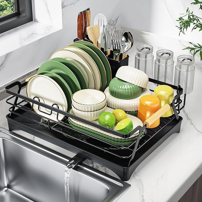 Epicano Dish Drying Rack for Kitchen Counter,Black,Large Capacity | Raised Feet,Rustproof,Wooden Handle,Auto-Drainage System,Cup Holder & Knife Slots, Sink Storage Organizer