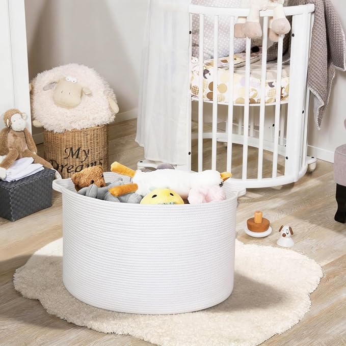 MEGASKET White Cotton Rope Storage Basket, 22" X 22" X 14" Extra Large Blanket Storage Living Room, XL Soft Toy Bin for Organizing, Woven Baby Laundry Basket with Handle, White Wicker Hamper Nursery