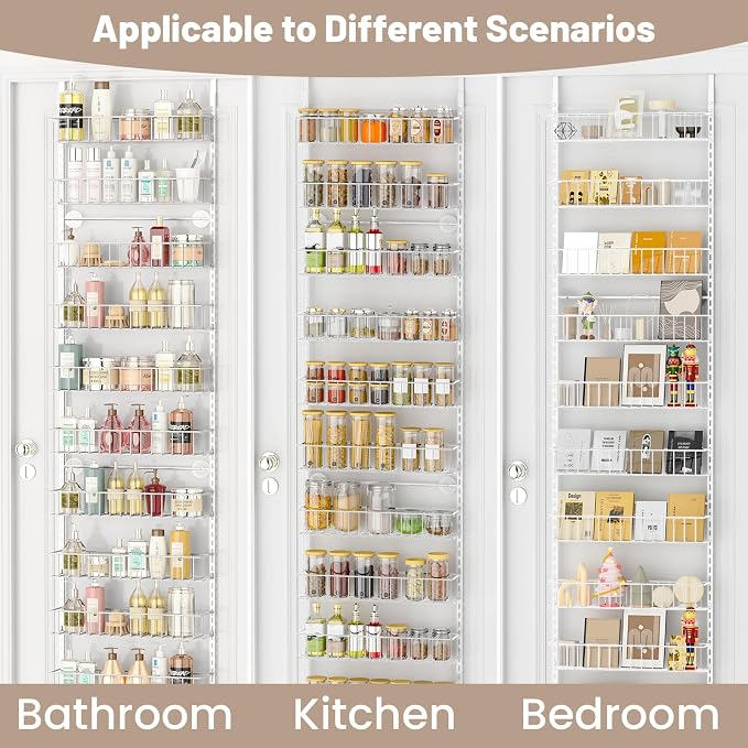 ElegantArray 9-Tier Pantry Door Oragnizer, Over The Door Pantry Organizer Rack and Storage, Hanging Spice Rack Shelves Door, Home Office Laundry Room Bathroom & Kitchen Organization, White