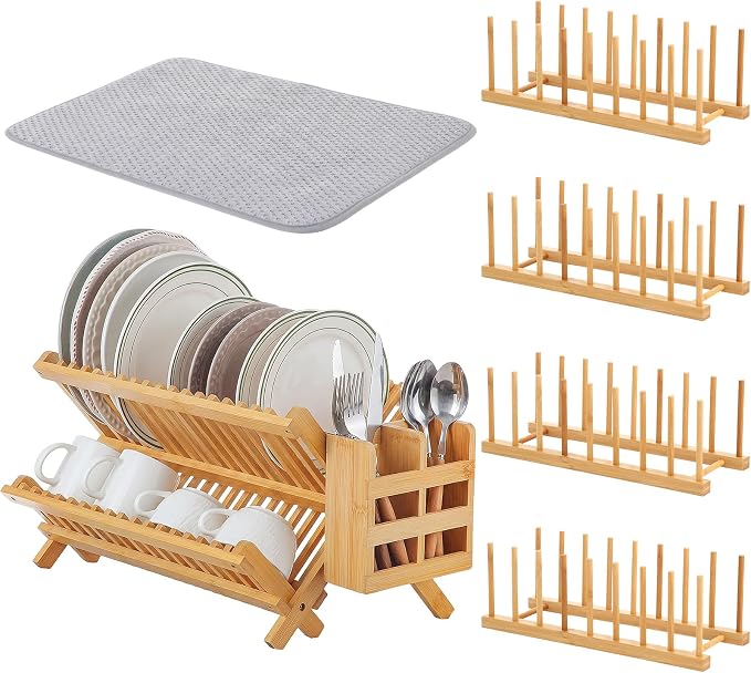 6 Pcs Plate Organizer Set for Cabinet 2 Tier Bamboo Collapsible Dish Rack with Utensil Holder Plate Holder and Mat for Kitchen Organizer Cabinet Pot Lid, Bowl, Cup, Chopsticks, Utensils