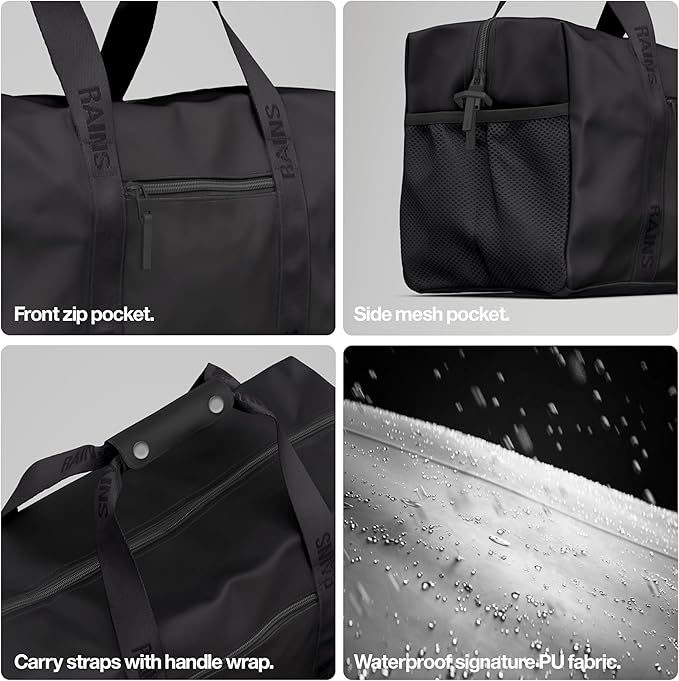 RAINS Trail Gym Bag - Black Waterproof Sports Duffel Bag for Men and Women with Shoulder Strap, Carry Handles and Mesh Pocket for Training or Travel - 2 Year Warranty