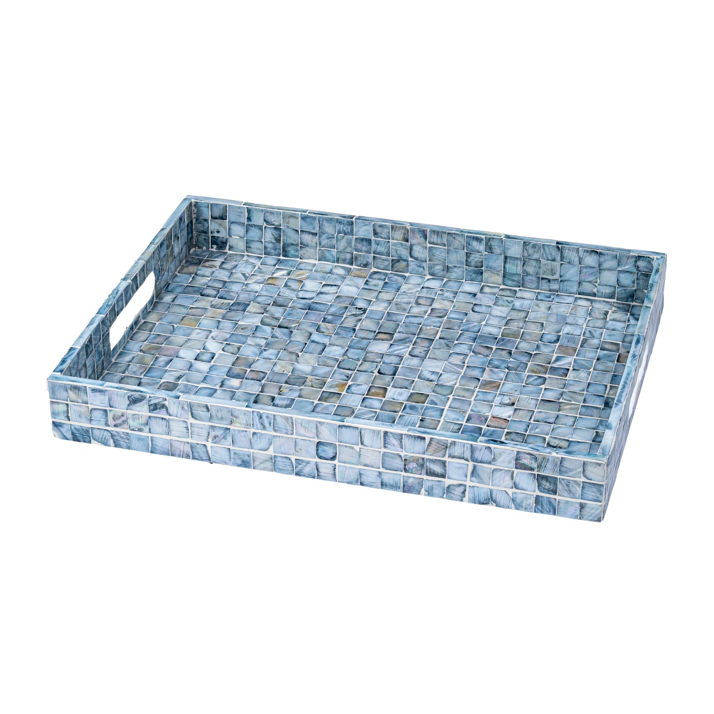 PEMAR Rectangular Mother of Pearl Serving Tray Nacre Wood Lap Ottoman Tray for Coffee Table, Luxury Decorative Handmade Eating Platters w Insert Handles (Blue Mosaic)