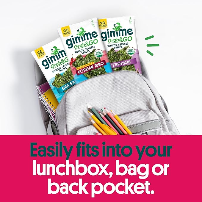 Gimme Seaweed Grab & Go Organic Premium Roasted Seaweed Snacks, Korean BBQ, 5 Count Trayless, Keto, Vegan, Gluten-Free, Source of Omega3s, Healthy On-The-Go Snack for Kids & Adults