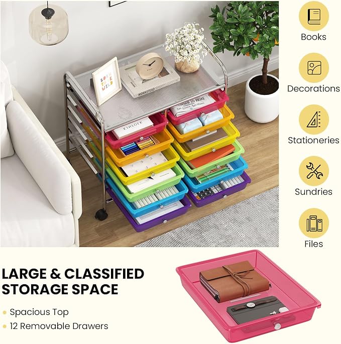 Giantex 12 Drawers Rolling Cart, Mobile Storage Drawer Cart, Classroom Organizer Cart for Office School Supplies Tools Scrapbook Paper Craft Small Printer, Utility Cart on Wheels, Rainbow