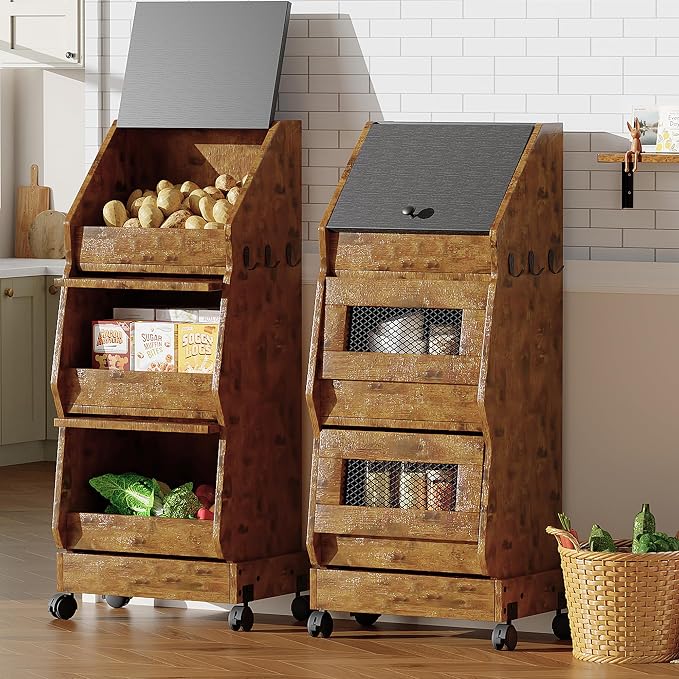 Potato and Onion Bin with Lid Movable Bread Box, Potato and Onion Storage with Wheels Black Movable, Vegetable Cabinet with 3 Tier Storage, Grocery Section Bread Box Set of 2