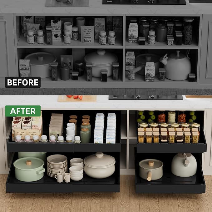 PAKETA 4 Pack Expandable Pull Out Cabinet Organizer, 21'' Deep Pull Out Drawers for Cabinets, Upgrade 3 Slide Rails Sliding Drawers for Cabinet with Adhesive Nano Film (Black, 21"D X 15-26"W ）