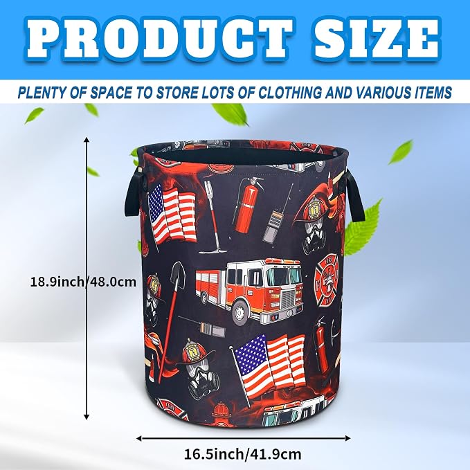 Fire Truck Fireman Laundry Basket Firefighters Oxford Cloth Laundry Hamper With Handle Foldable Portable Clothes Storage Basket 18.9 X 16.5 In Storage Bag For Laundry Room/Bathroom/Bedroom/Dormitories