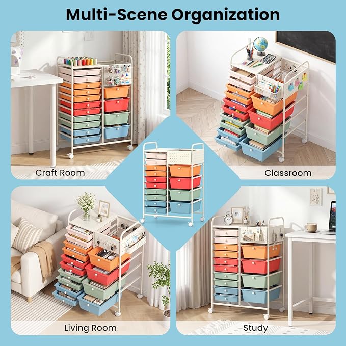 GOFLAME 14-Drawer Rolling Storage Cart with Pegboard, Craft Storage Cart with Lockable Wheels and Metal Frame, Art Cart Supply Storage Organizer for Home Office Classroom, Macaron Color