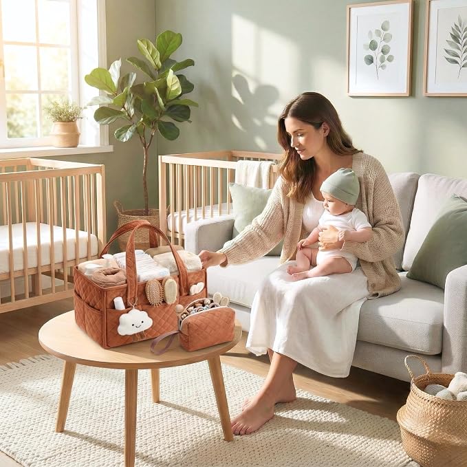 PeraBella Baby Diaper Caddy Organizer, Baby Basket Shower Gift, Portable Changing Table Basket, Postpartum Caddy & Tote Bag Pouch, Newborn Boy & Girl Nursery Essentials Registry, Car Diaper Organizer