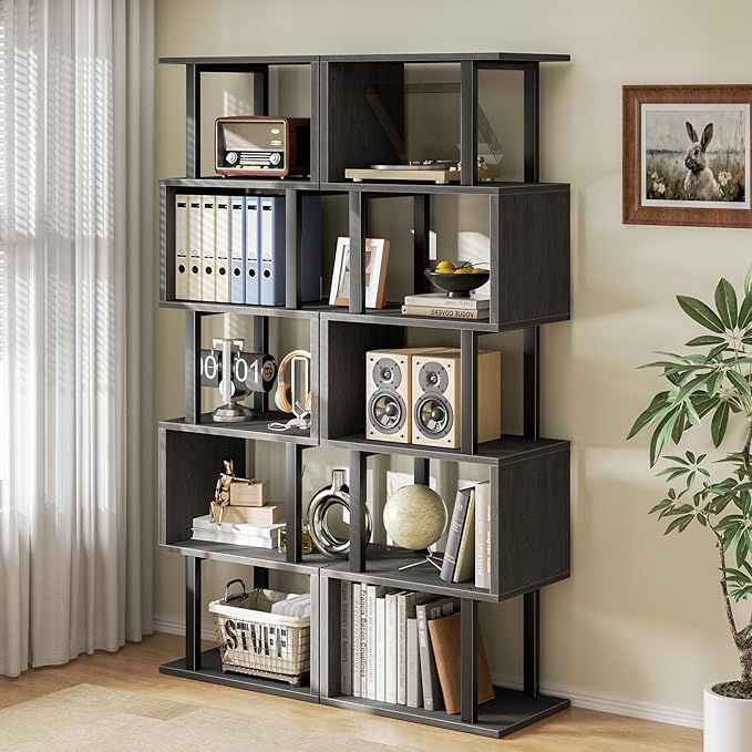 Furologee 6 Tier Bookshelf Tall Geometric Bookcase, S Shaped Industrial Display Standing Shelf, Metal and Wood Decorative Storage Room Divider Rack for Bedroom, Living Room, Office, Light Black Oak