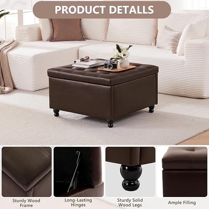 Weture 30 Inch Large Square Storage Ottoman Coffee Table, Oversized Square Ottoman with Storage, Tufted Upholstered Coffee Tables for Living Room (Leather, Brown)