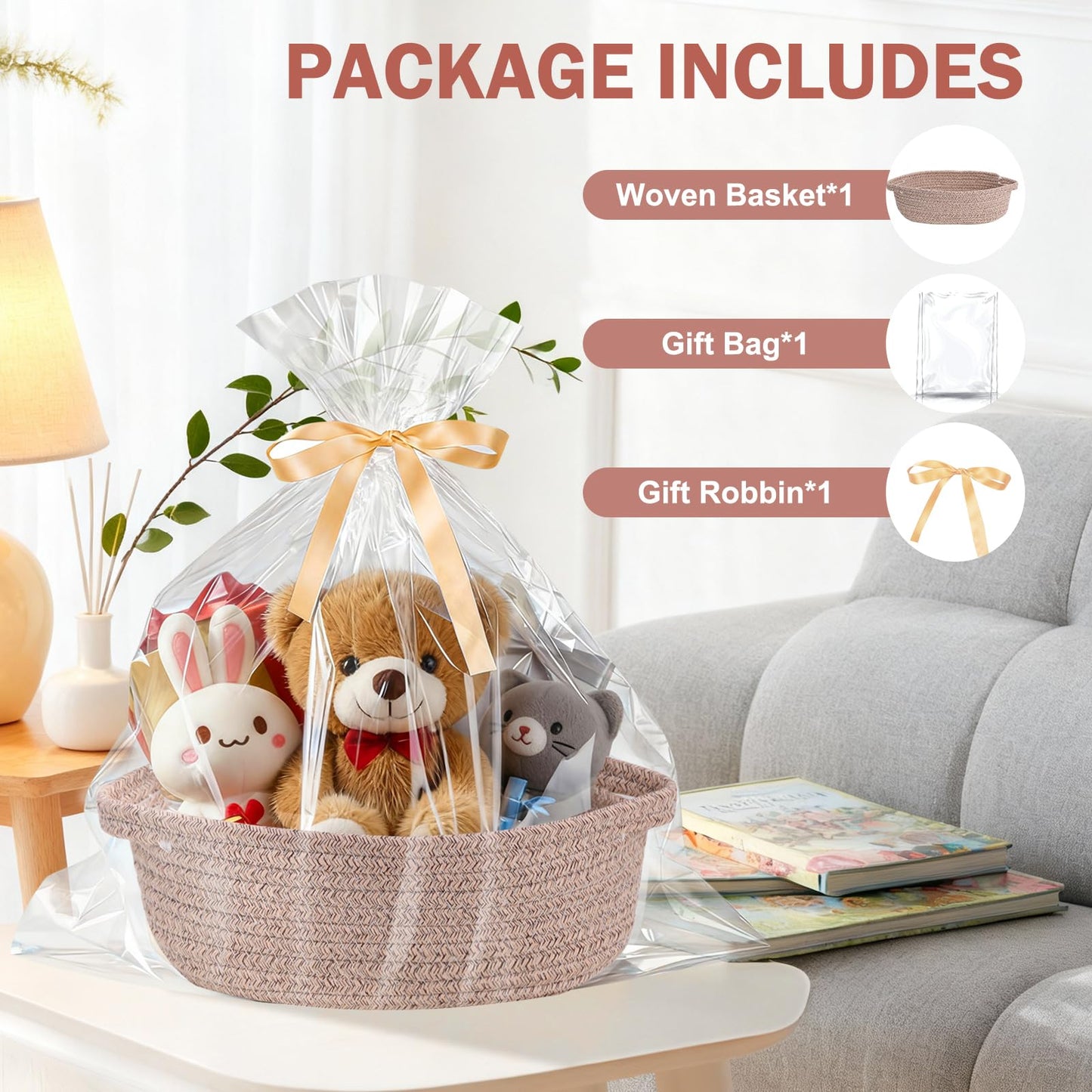 LWYMX Basket for Gifts Empty, Small Woven Basket with Bags and Ribbons, Baby Toy Baskets with Handles, Wicker Storage Bin for Baby Showers or Pet Toy (Brown, 1 Pack (12"x 8"x 3.74"))