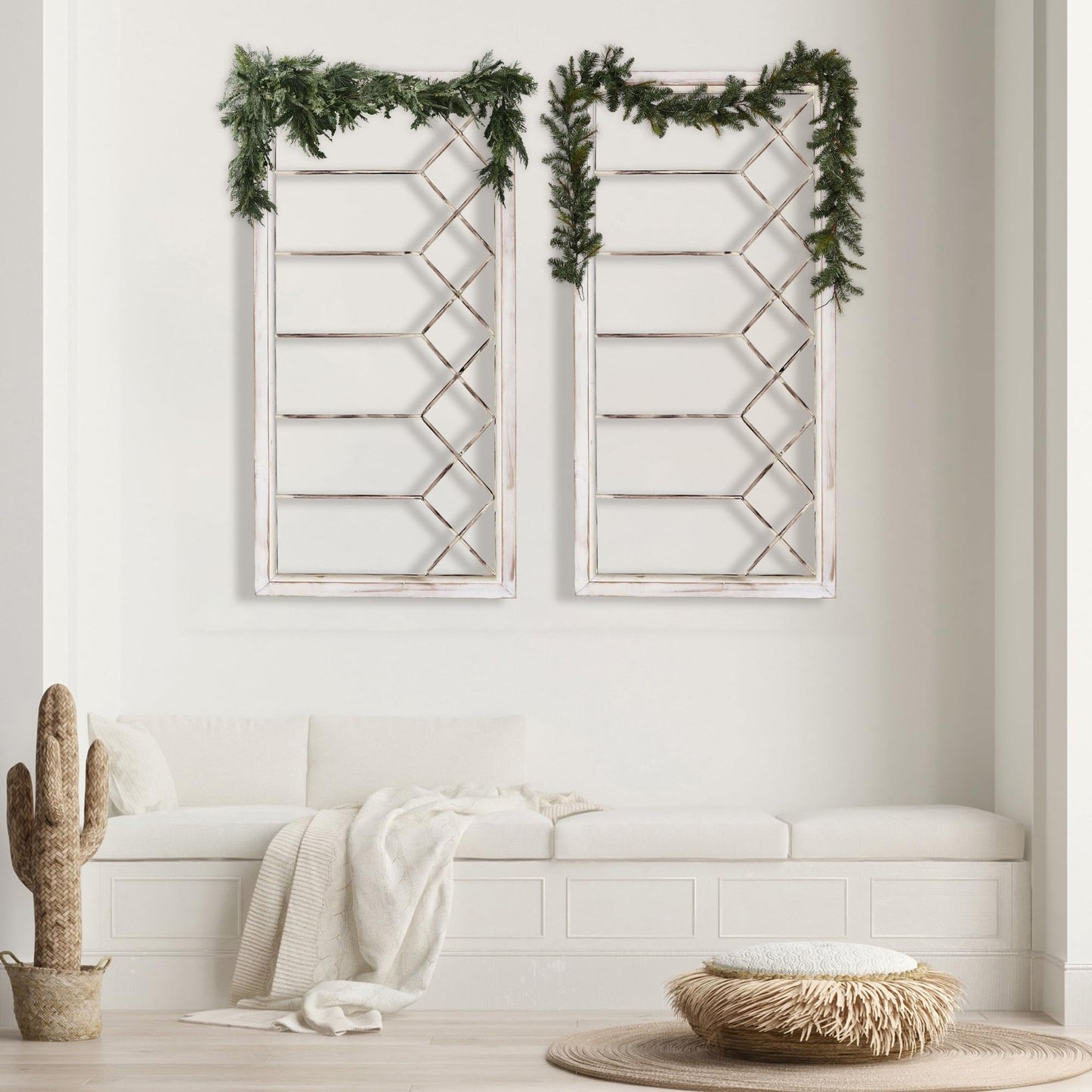 Oakrain Wood Window Frame Wall Art, 39"x 20" Rustic Wall Decor, Farmhouse Window Pane Decor for Wall, Decorative Wall Sculptures for Living Room, Bedroom, Entryway, Hallway, Distressed White