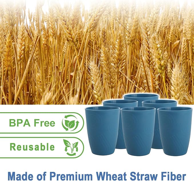 Premium Wheat Straw Cups Set of 6, Drinking Glasses 12 OZ, Alternative to Plastic Cups Reusable, Unbreakable Water Cup, Microwave and Dishwasher Safe Drinking Cups for Kitchen - Blue