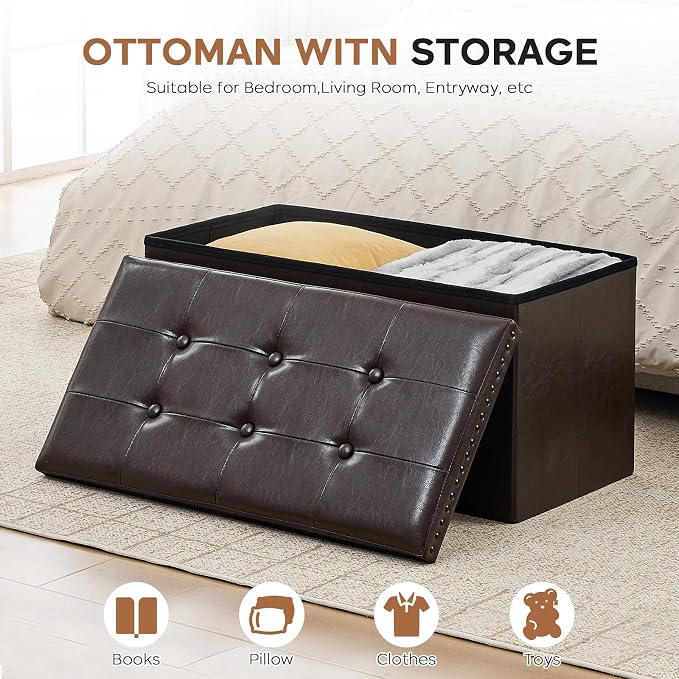 oakvivo 30 Inches Folding Storage Ottoman Bench, Ottoman PU Leather Tuffed End of Bed Bench, Foot Rest with Rivet Design, Ottoman with Storage for Living Room, Bedroom, Entryway, Coffee Brown