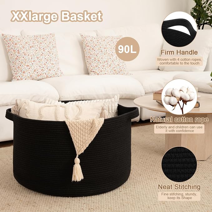 OIAHOMY 90L XXXLarge Blanket Basket for Living Room, 21.7" x 13.8" Woven Cotton Rope Laundry Basket for Organizing Pillows, Decorative Stuffed Animal Toy Storage for Nursery, Black