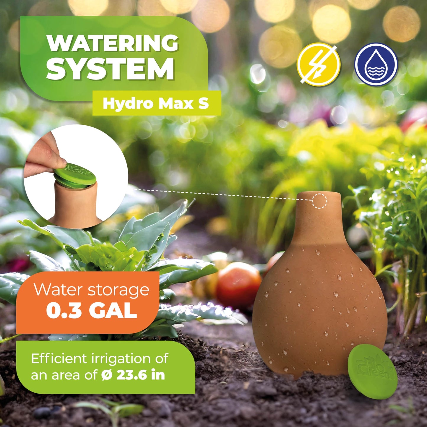 BioGreen Plant Self-Watering System Hydro MAX S | 0.3 gal | Irrigation Ø 23.6 in | Olla Made of Fired Clay | Environmentally Friendly | Terracotta Water Saver for Gardens, Vegetables & Raised Beds