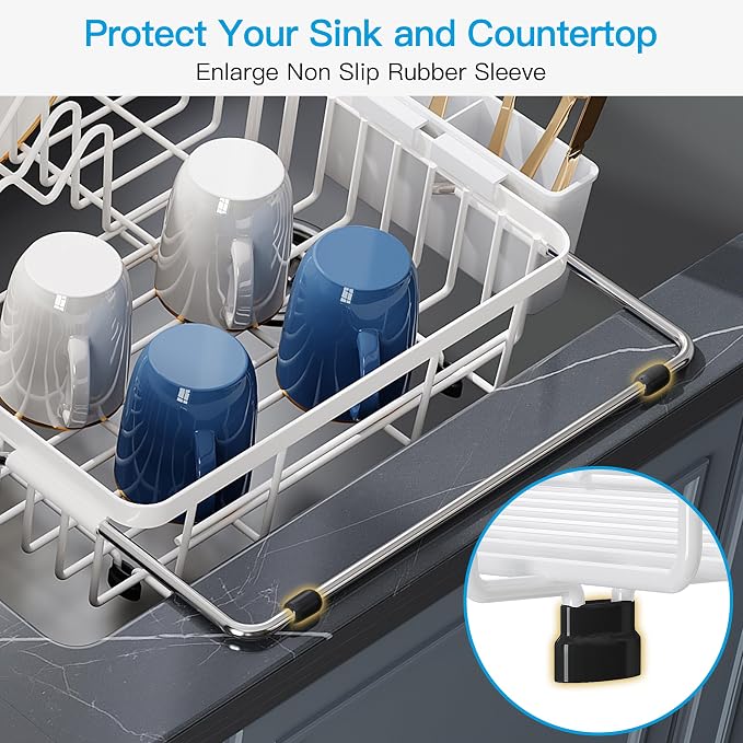 JASIWAY White Expandable Stainless Steel Dish Drying Rack Over The Sink for Small Kitchen, Counter Space Saving Compact Plate Drainer Strainer, Adjustable Hanging Metal Dish Dryer with Utensil Holder