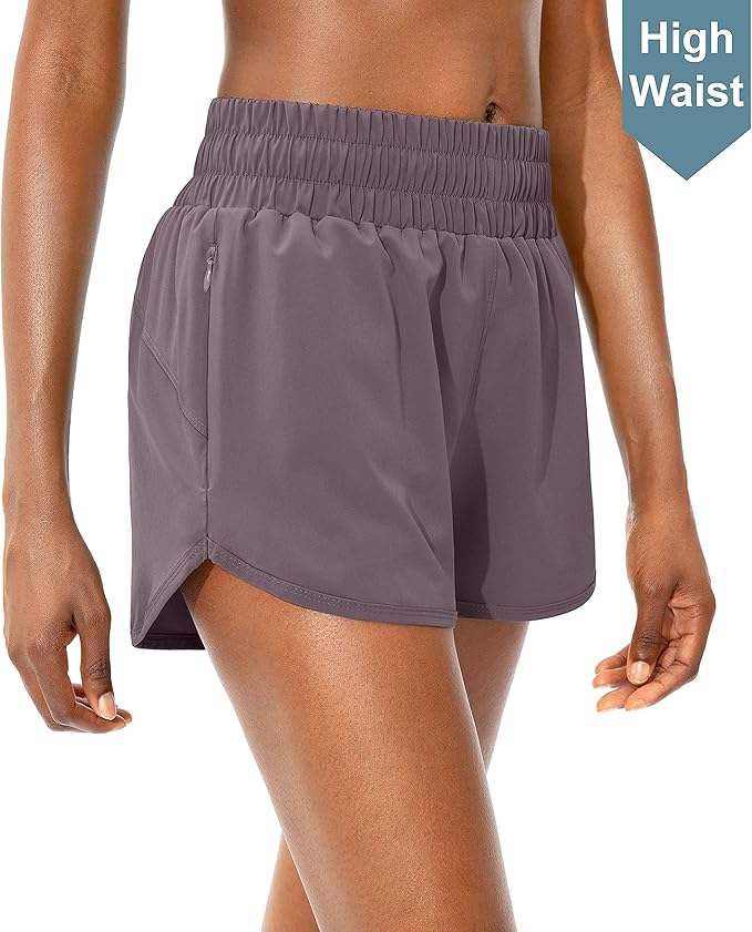 SANTINY Women's Running Shorts with Zip Pockets High Waisted Athletic Workout Gym Shorts for Women with Liner