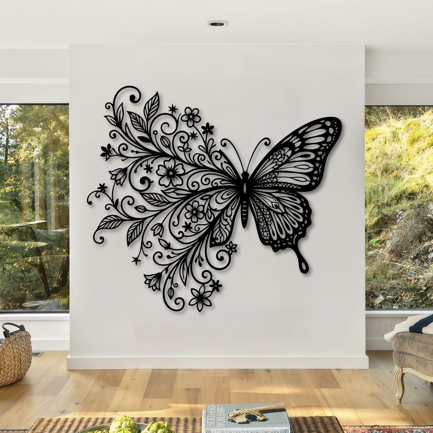 Floral Butterfly Metal Wall Art, Metal Flowers Butterfly Wall Decor, Butterflies Wall Decor, Metal Flower Butterflies Wall Art for Living Room, Bedroom, Garden(Gold,19"W x 17"H / 47 x 42 cm)