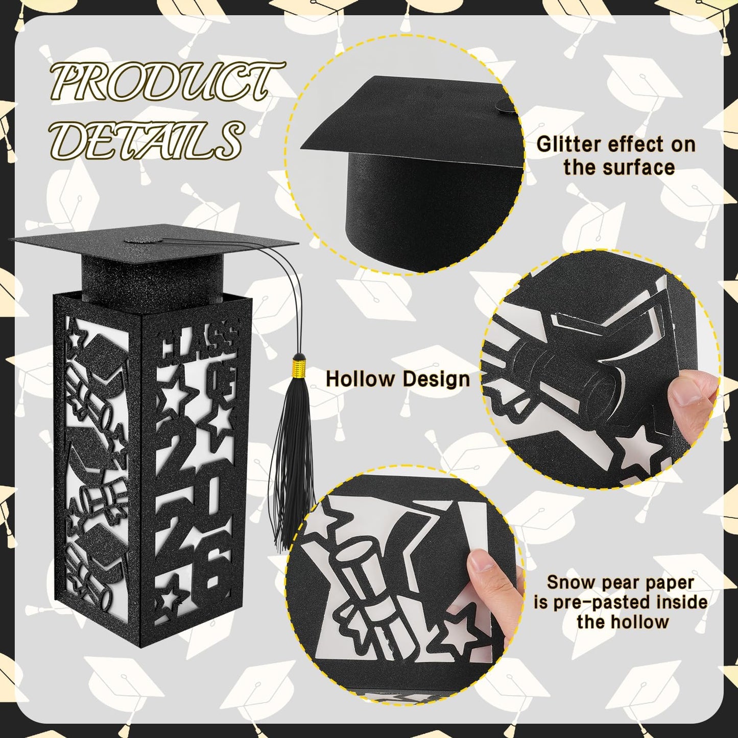 6 Pcs Graduation Table Centerpieces Boxes Class of 2026 Graduation Paper Lanterns Boxes with LED Hollow Out Black for Congrats Grad School College Table Decorations Grad Party Photo Props