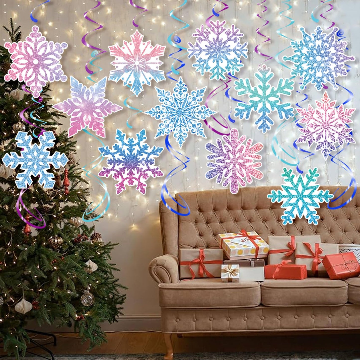 30Pcs Winter Snowflake Hanging Swirl, Frozen Snowflake Ceiling Streamers Hanging Decorations for Christmas Winter Wonderland Frozen Party Supplies