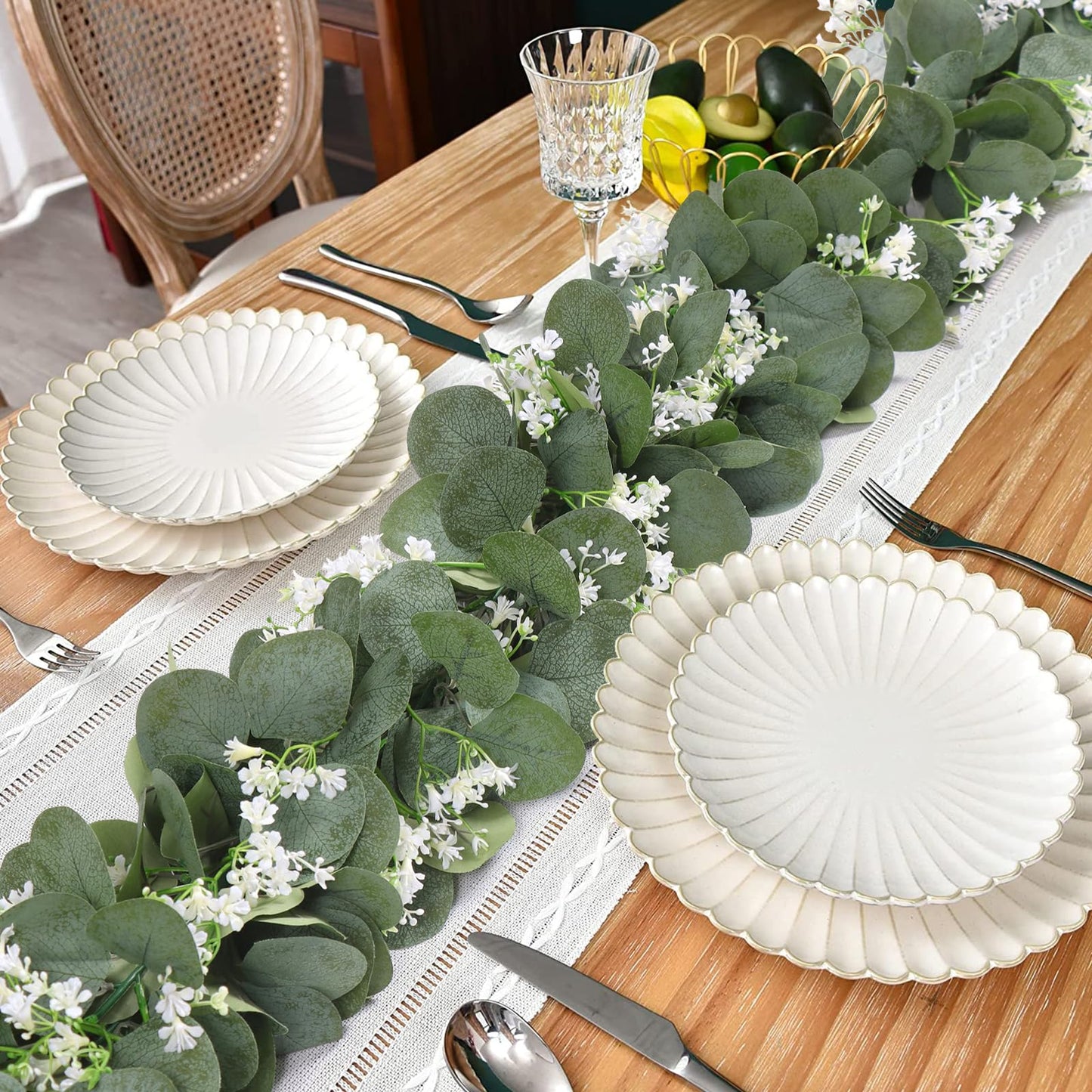 KHOYIME Eucalyptus Garland with White Flowers, 4 Packs 5.9Ft Artificial Silver Dollar Eucalyptus Leaves Plant Fake Greenery Hanging Ivy Vines Faux Wreath for Wedding Arch Party Mantle Table Home Decor