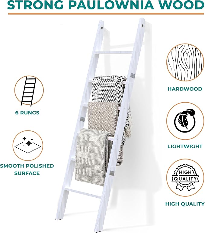 6 Tier Wooden Blanket Ladder - Rustic Style Quilt Ladder for Blankets - Blanket Rack for Wall - Blanket Holder - Farmhouse Decor Accent Furniture for Living Room (White, 6 Tier)