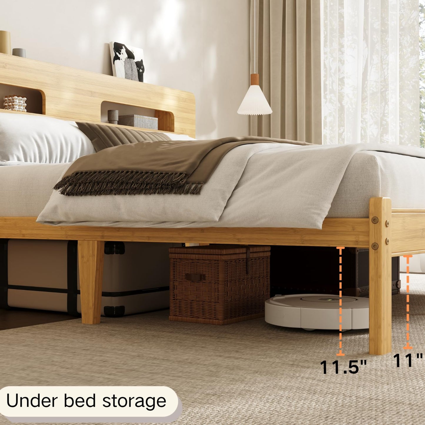 COMASACH Bamboo Wood King Size Bed Frame with Storage Headboard, 14 Inch High Solid King Platform Bed Frame, Metal Slats Support, Heavy Duty, No Box Spring Needed