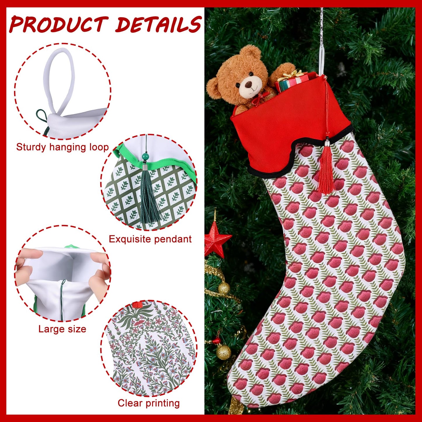 4 Pack Christmas Stockings Green Red Block Print Holiday Scalloped Stockings 22" Canvas Floral Nature Xmas Socks with Tassel Rustic Christmas Hanging Decorations for Stairs Fireplace Xmas Home Decor