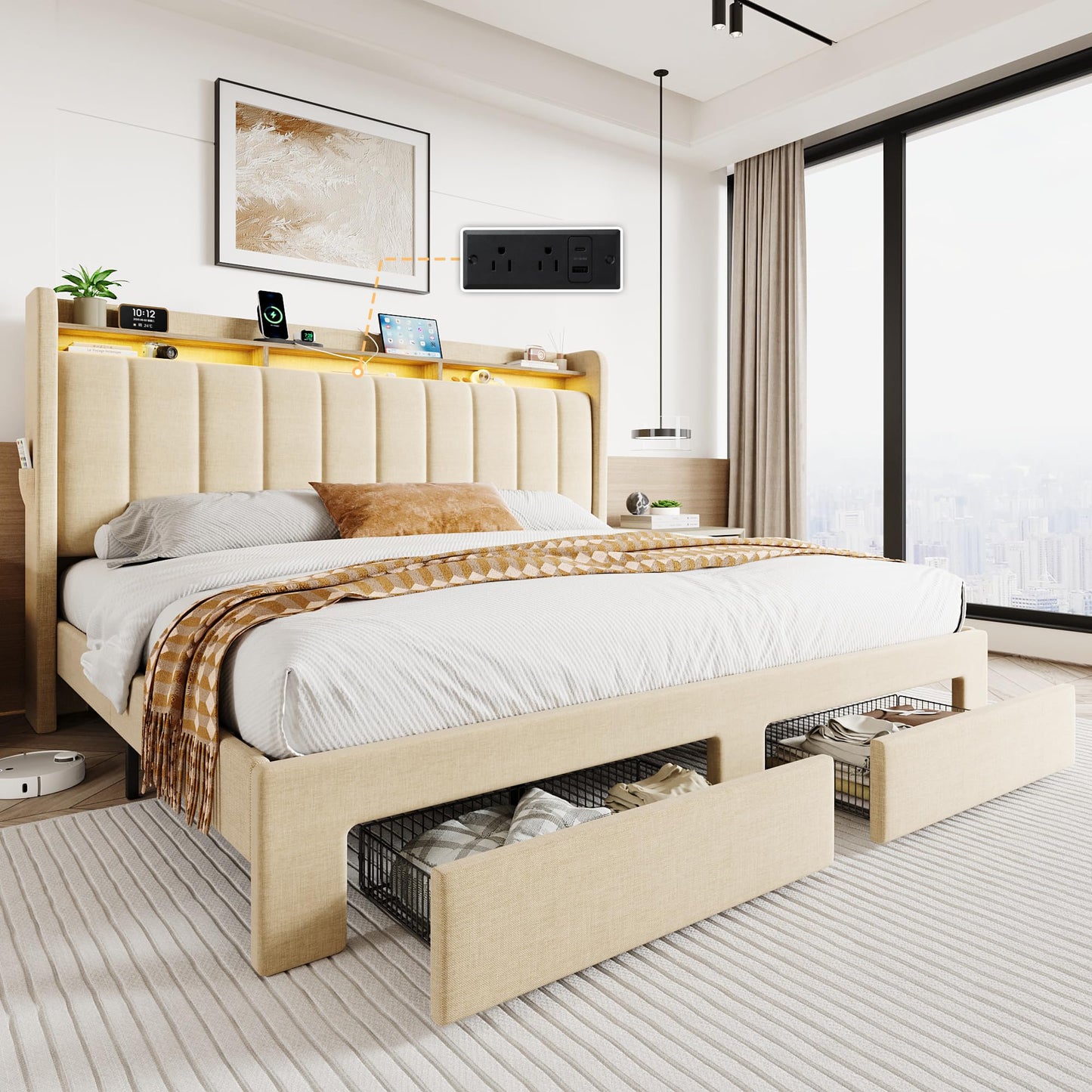 SHA CERLIN King Size Platform Bed Frame with Vertical Channel Tufted Wingback Headboard & 2 Storage Drawers/2-Tier Shelves with LED Lights & Charging Station/Noise-Free/No Box Spring Needed/Beige