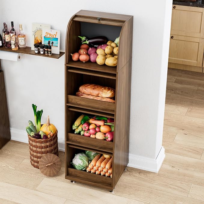 4 Tier Large Potato Storage Bin, Tall Wood Potato and Onion Storage Bin with Wheel, Movable Fruit and Vegetable Basket, Food Small Kitchen Pantry Cabinet, Wooden Bread Box, Walnut, Sliding Door