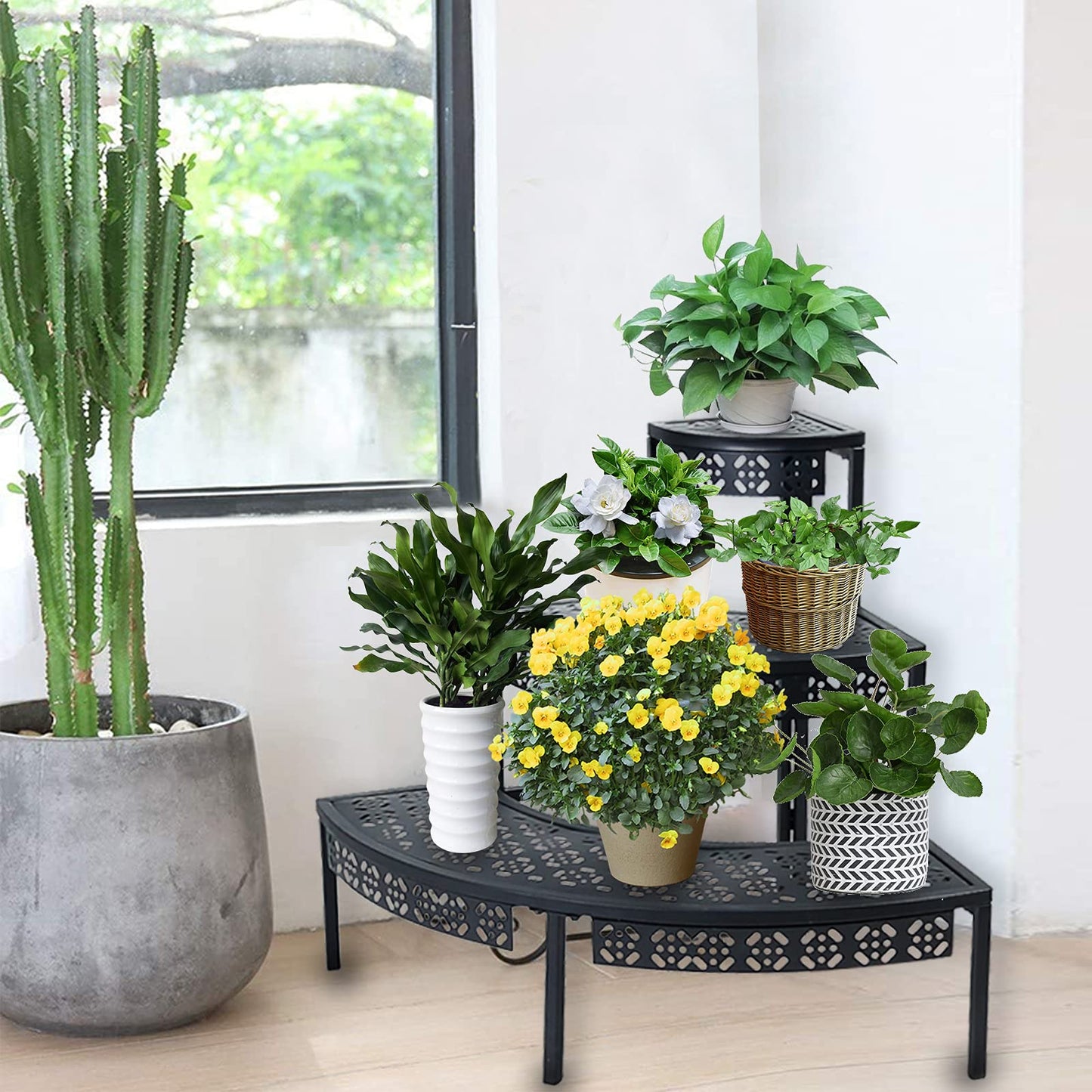 3 Tier Plant Stand Semi-Circular Flower Pot Organizer Rack Quarter Round Plant Display Holder Outdoor Storage Shelves Metal Corner Shelf Planter Shelving Ladder Plant Stand for Indoor Use(Black)