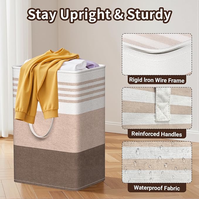 WOWBOX 2 Pack Laundry Baskets, Laundry Hampers, Freestanding Dirty Clothes Hampers with Reinforced Handles & Cross Stitch & Waterproof Coating, for Laundry Bedroom Bathroom Dorm,75L Khaki
