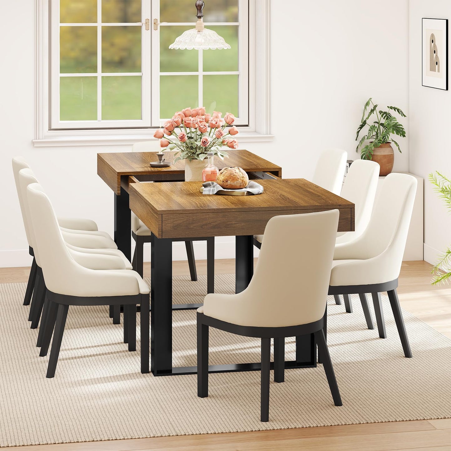Zevemomo 63"-78.7" Expandable Dining Table, 6-10 Farmhouse Kitchen Table, Extendable Dining Table, Rectangular Kitchen Table with Metal Track, Tapered U-Shaped Legs for Dining Room, Office-Brown