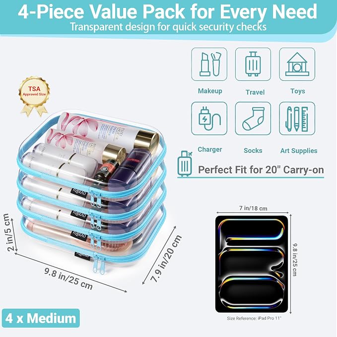 YQBRAO 4-Pack Clear Diaper Bag Organizer Pouches, 1.2mm Ultra-Thick PET Travel Pouches for Toiletries & Makeup, Rigid Self-Standing Bags with YKK Zippers, TSA Approved (Blue)