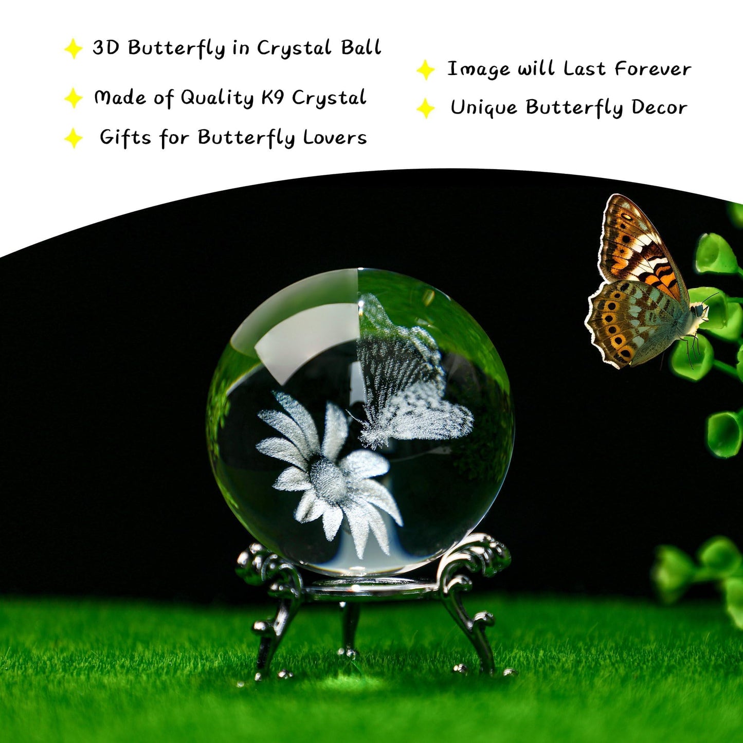 HDCRYSTALGIFTS 60mm Butterfly Crystal Ball Paperweight,3D Laser Engraved Butterfly on Sunflower in Glass Ball with Stand Decorative Glass Sphere Home Decor Gifts for Women Girls