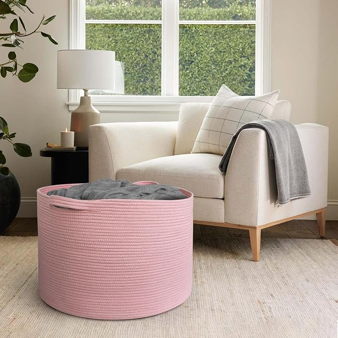 MEGASKET 115L Oversized Pink Basket, 23.6"x15.7" Woven Cotton Rope Bin with Handles, XXXL Blanket Storage for Living Room, Kids Toy Storage Bin Box, Baby Laundry Basket for Organizing, Pink Room Decor