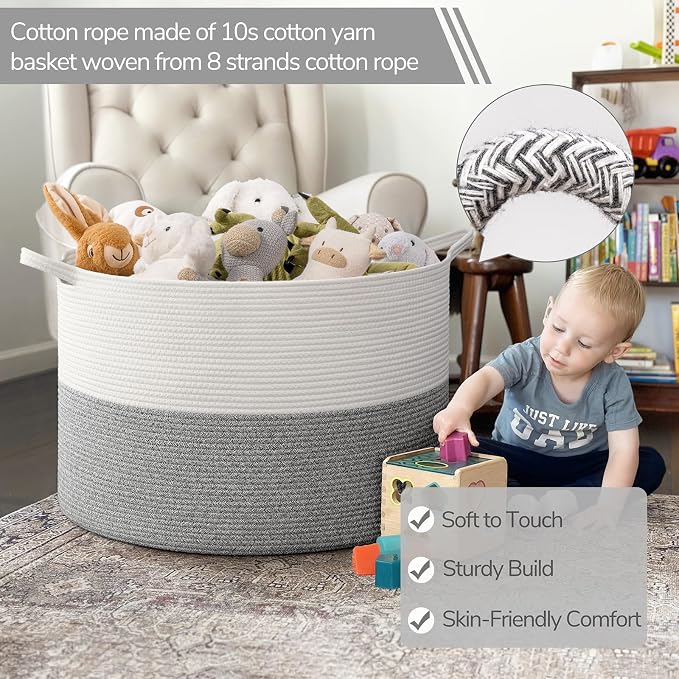 INDRESSME 115L Extra Large Blanket Basket, Soft Cotton Rope Storage Basket for Organizing, Home Decor, Toys, Laundry & Towels, Toy Storage Organizer for Living Room & Nursery, Light Grey