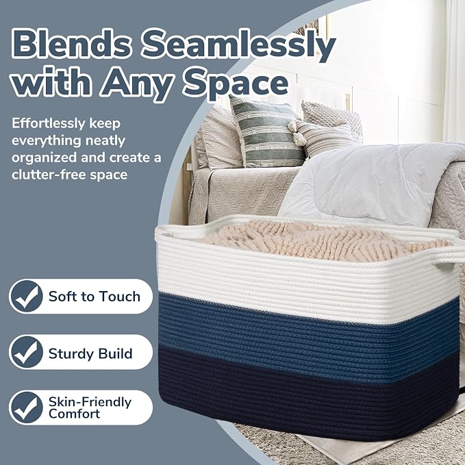 Goodpick 105L Extra Large Woven Basket 25" x 16" x 16" Cotton Rope Storage Baskets for Organizing, Rectangle Blanket Basket Living Room, Toy Storage Baskets for Kids, Blue