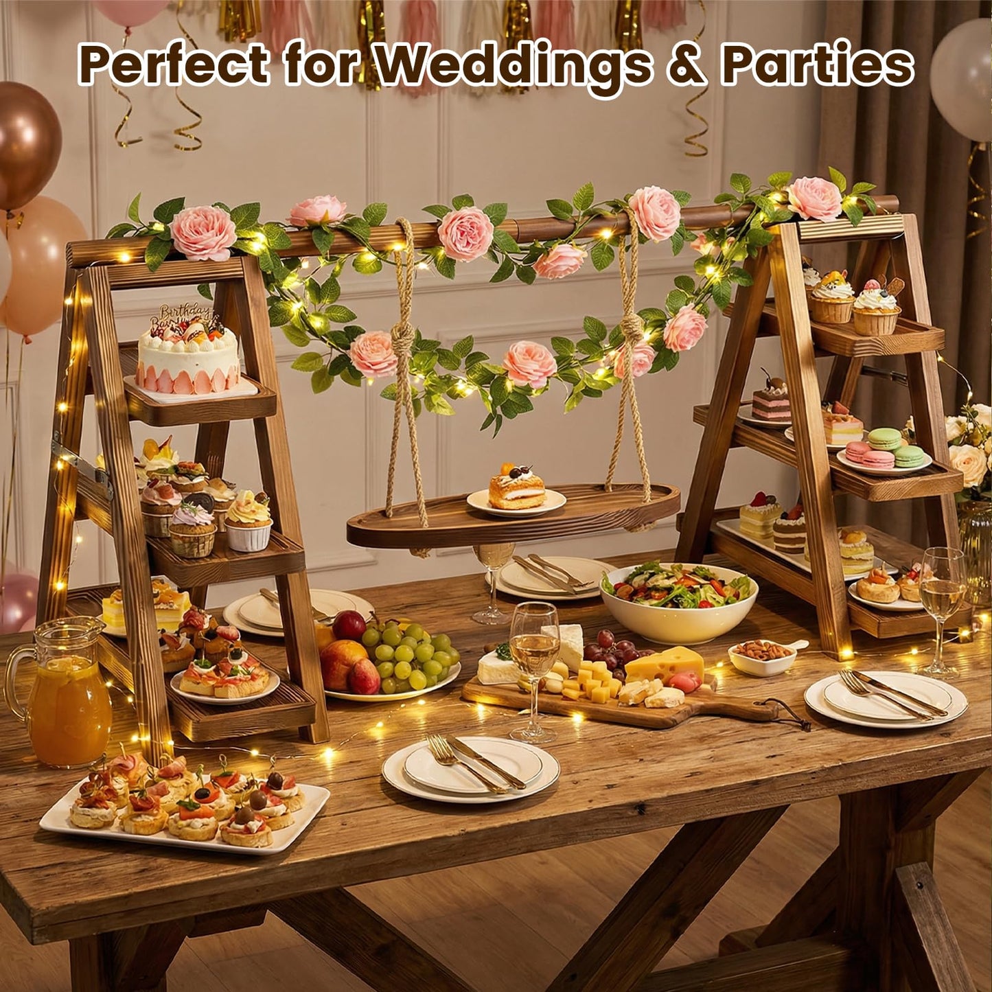 3 Tier Wooden Cupcake Stand with Swing and Flower Decoration, Dark Brown Natural Wood Dessert Swing Display Serving Set with Removable Trays, Rustic Wedding & Party Dessert Stand