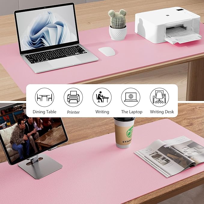Aothia Faux Leather Desk Mat - Non-Slip PU Leather Desk Blotter, Waterproof Writing Surface, Large Desk Pad for Office & Home (Fairy Pink, 55" x 24")