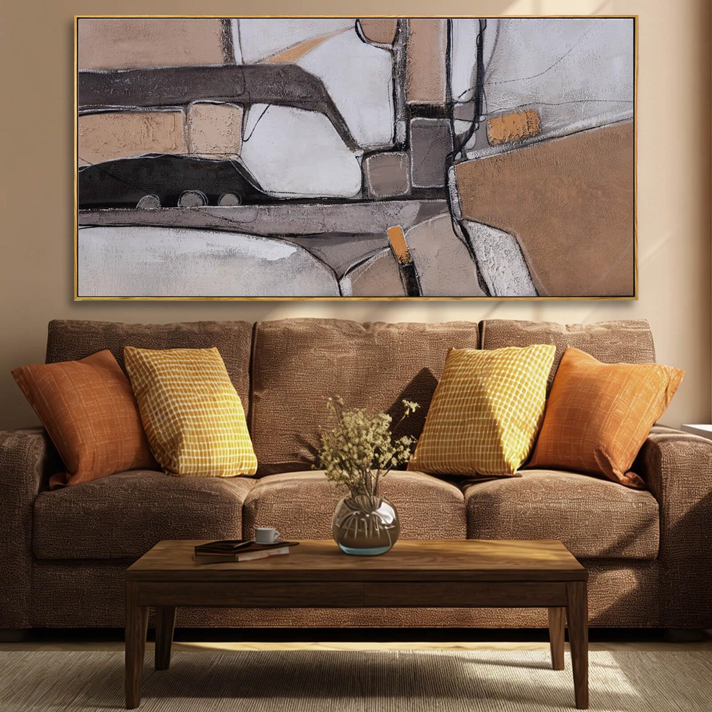 Brown Modern Neutral Abstract Canvas Wall Art 29x58 Inch, Large Framed Artwork with Wooden Frame, Contemporary Beige and Taupe Wall Decor for Living Room, Office, or Hallway