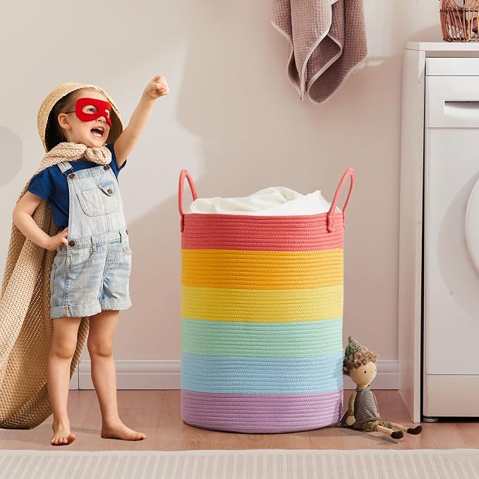 Rainbow 15"Dx20"H Baby Girls Kids Laundry Hamper Basket for Nursery Toddler Clothes Blanket Toy Storage Woven Rope Unicorn Hamper in Playroom Bedroom 60L Large