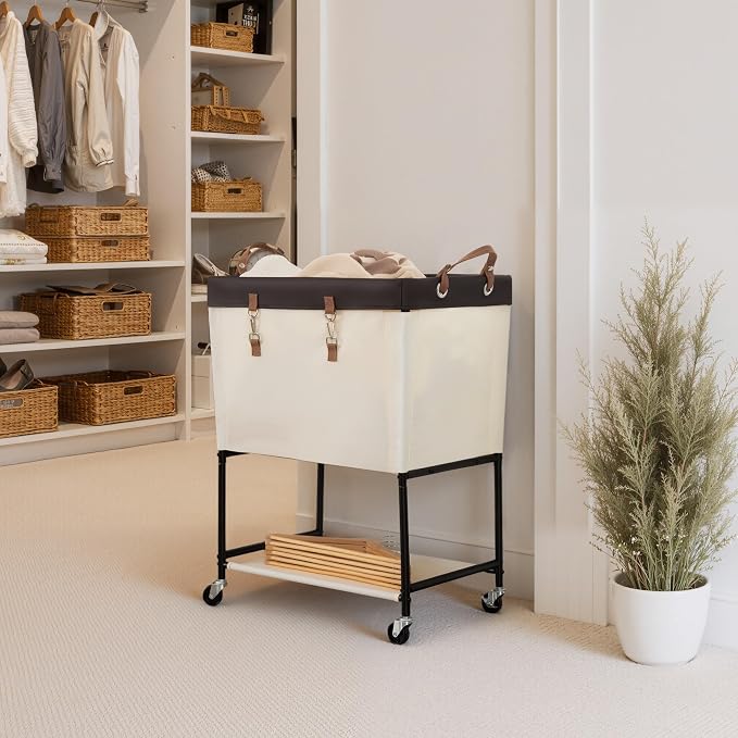 StorageWorks Laundry Cart, 2 Tier Rolling Laundry Basket, Heavy Duty Laundry Basket with Lockable Wheels, Laundry Room Organization and Storage, Clothes Hamper for Bedroom, Dorm, Closet, 29Gal, Beige